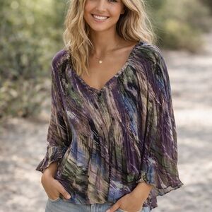 Barraza Purple & Green Multi Color Long Sleeve Pullover Top, Size M